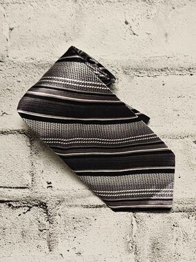 Covington Silk Tie Black Gray Multi Stripe Houndstooth Pattern